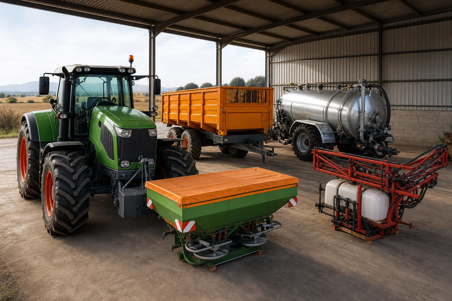 Tractor, trailer, tank, fertiliser spreader and agricultural sprayer in a shed