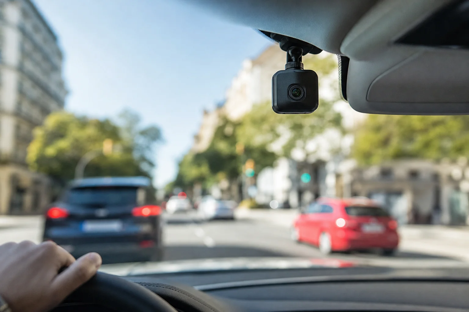 Compact camera installed behind a car windscreen, aimed at the road without showing readable details