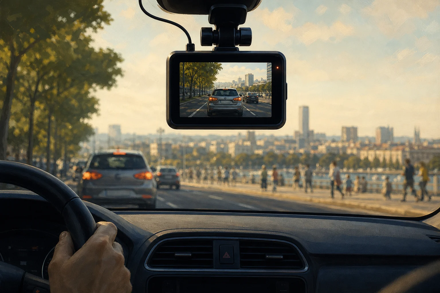 Dashcam aimed at the driving lane and nearby traffic