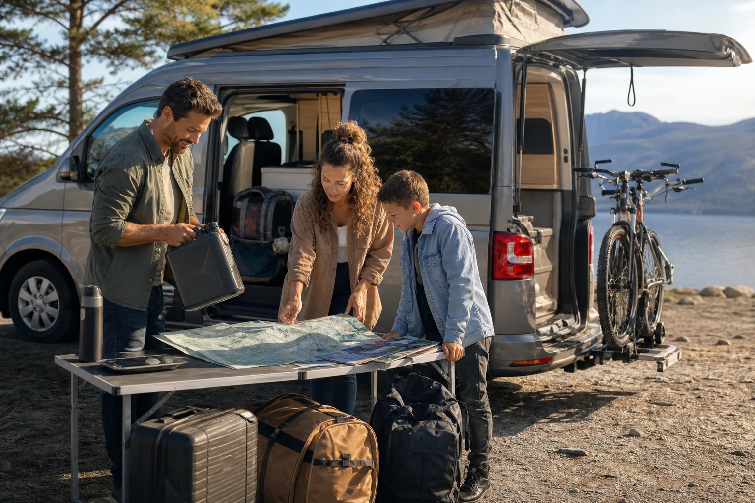 Family preparing luggage and bicycles beside a motorhome, with a load checklist and vehicle documentation