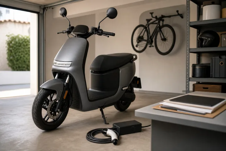 Electric scooter-style motorcycle parked beside a charging point in a residential garage