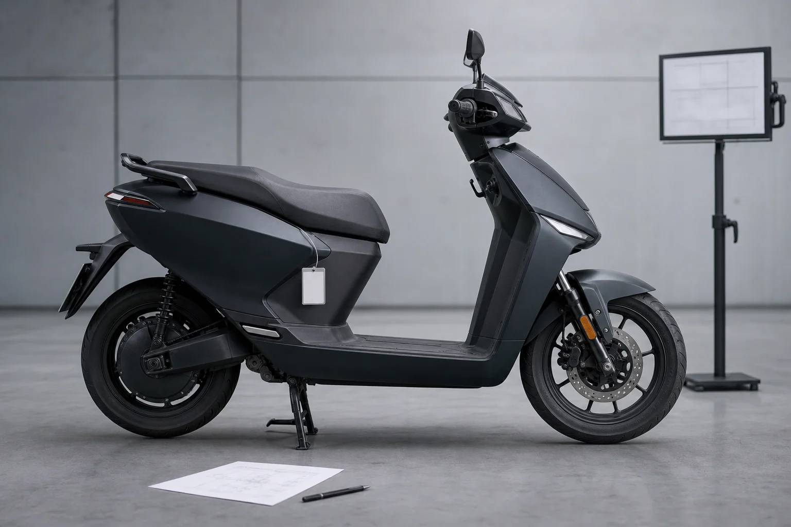 Used electric motorcycle beside technical documentation for checking its identification
