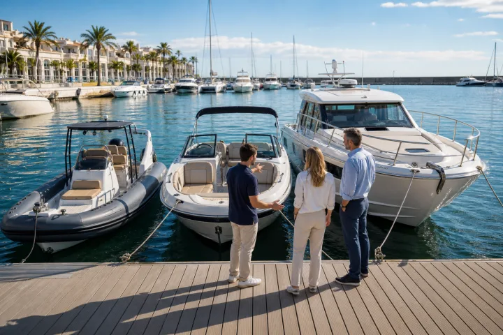 Three recreational boats moored at a pontoon: a RIB, an open motorboat and a cabin cruiser.