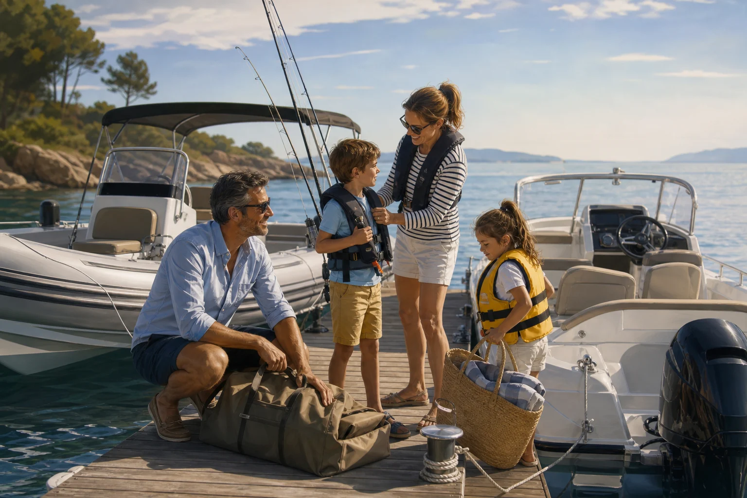 Family comparing a RIB and an open motorboat before a day trip.