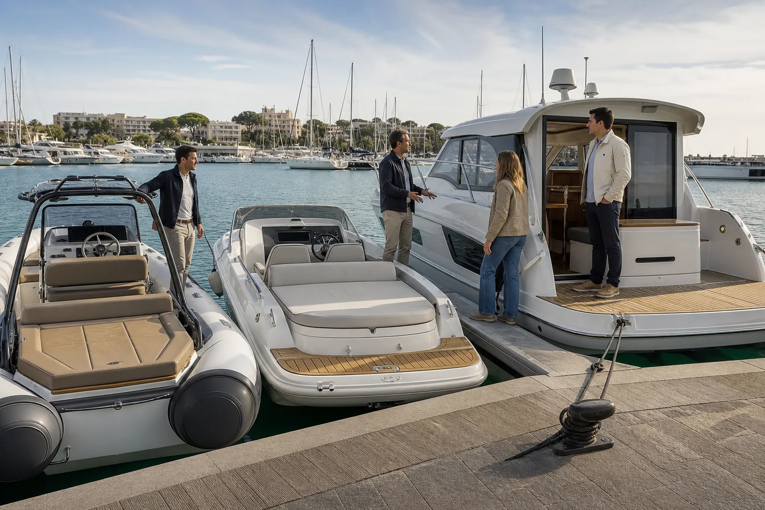 People comparing the deck of a RIB and an open motorboat alongside the cabin of a compact cruiser.