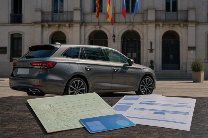 Car parked beside a Spanish town hall, with vehicle documents and a municipal bill on a table