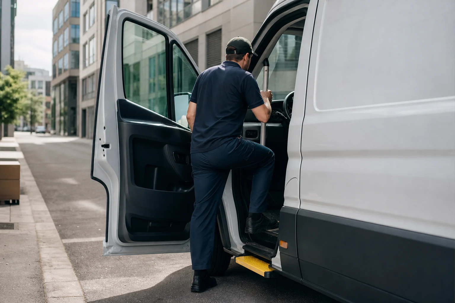 Person entering a van cab using the step and grab handle