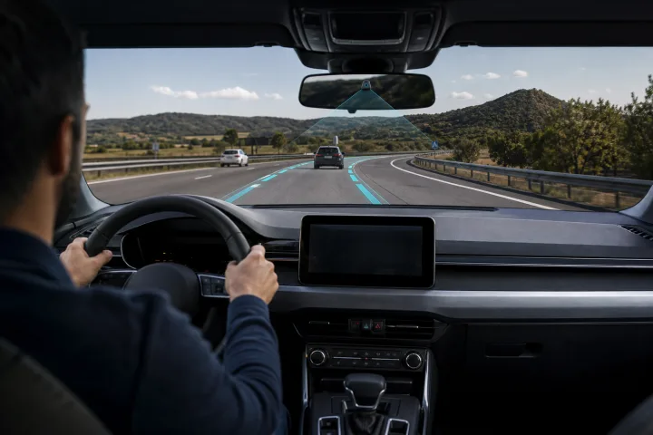 Driver holding the steering wheel on a road with clearly visible lane markings