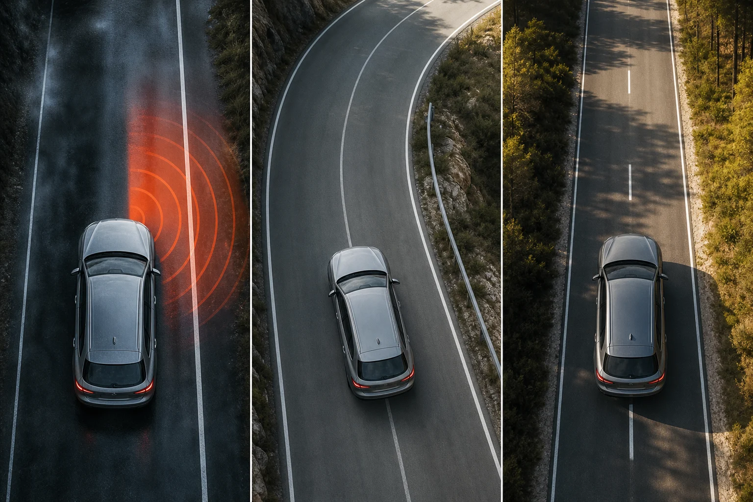 Three representations of a car receiving a warning, correction and centring assistance between lane lines