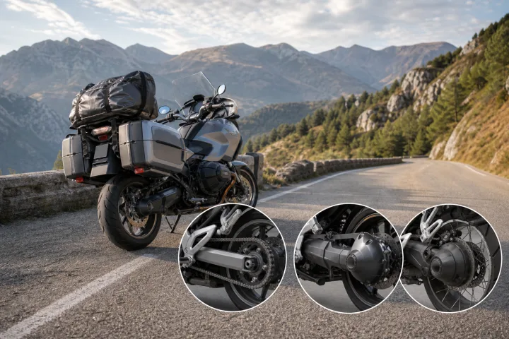 Touring motorcycle loaded with panniers beside a mountain road, rear view of the final drive.