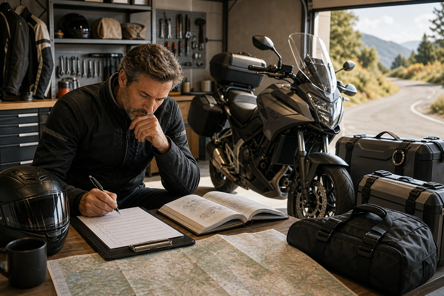 Rider checking a touring motorcycle manual with panniers before preparing for a trip.