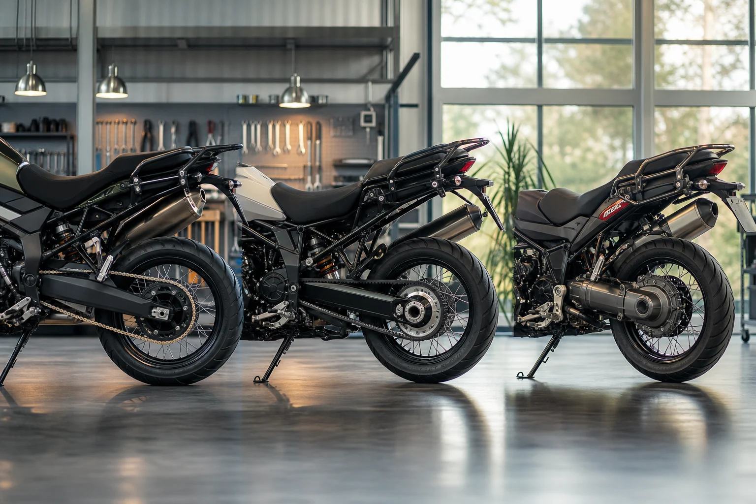 Three visible final-drive configurations on generic touring motorcycles inside a workshop.