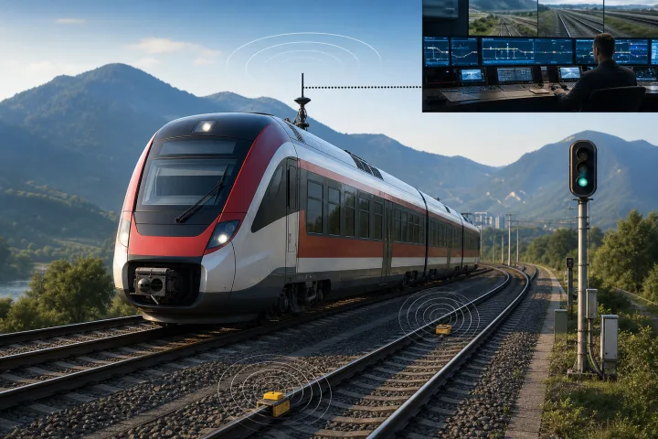 Illustration of a train running on a line equipped with balises and railway communications