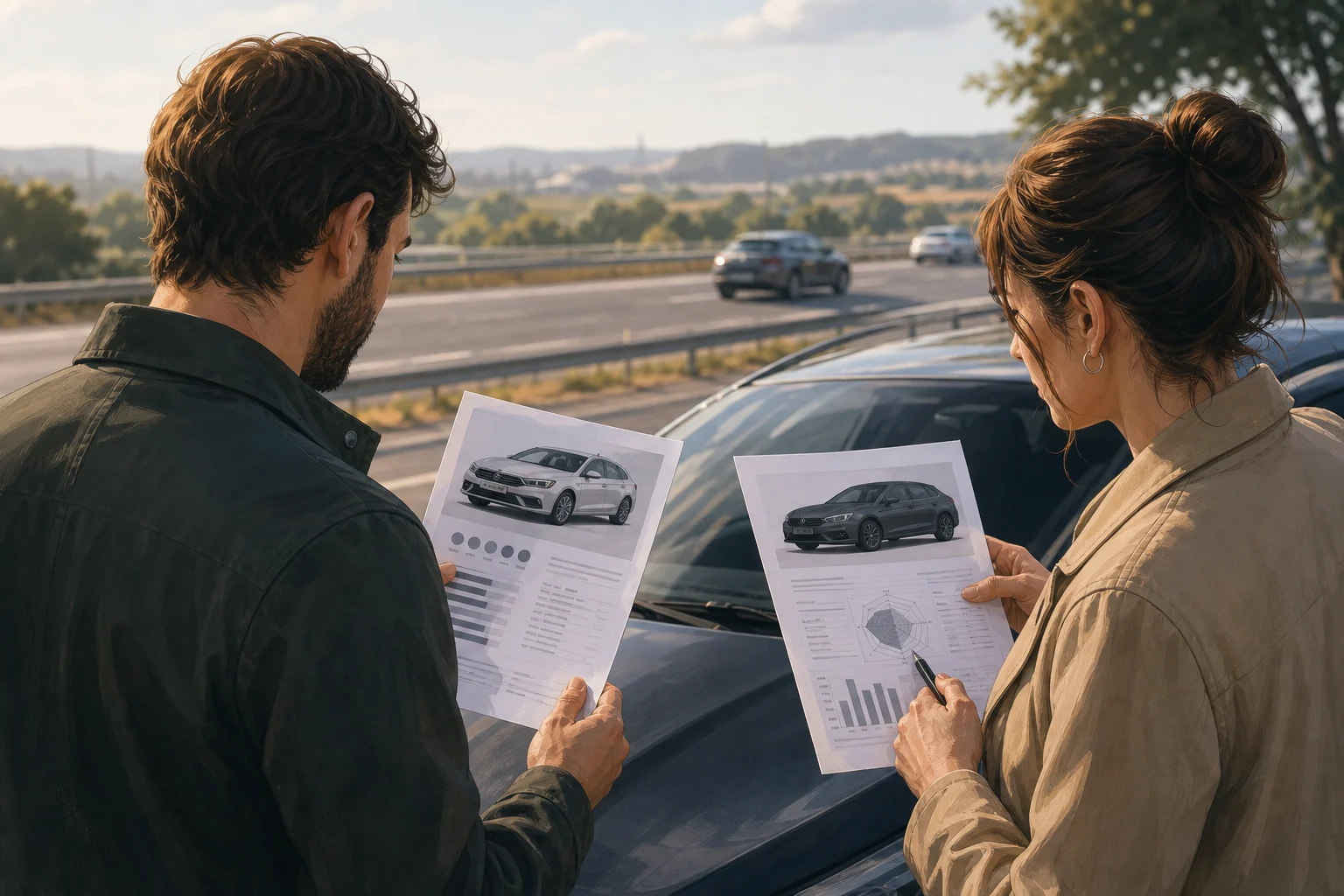 Drivers comparing information about two cars before deciding what to buy for travelling