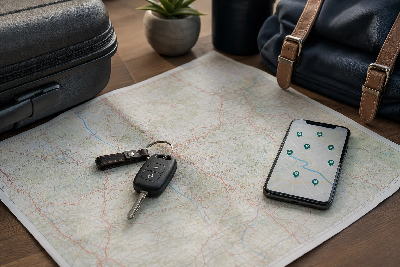 Planning motorway routes with luggage and charging points shown on a phone