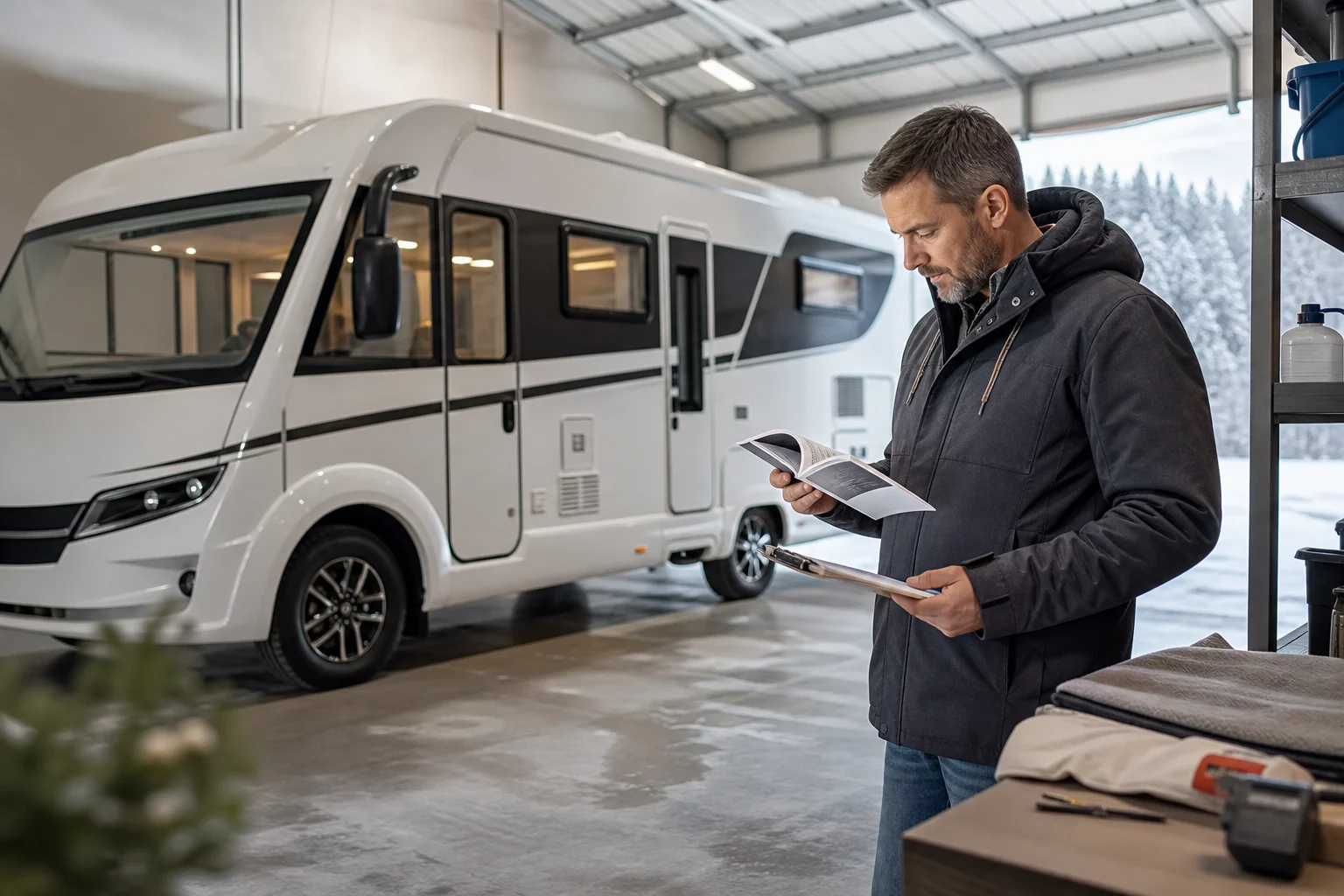 Motorhome parked in winter beside a checklist and basic maintenance equipment