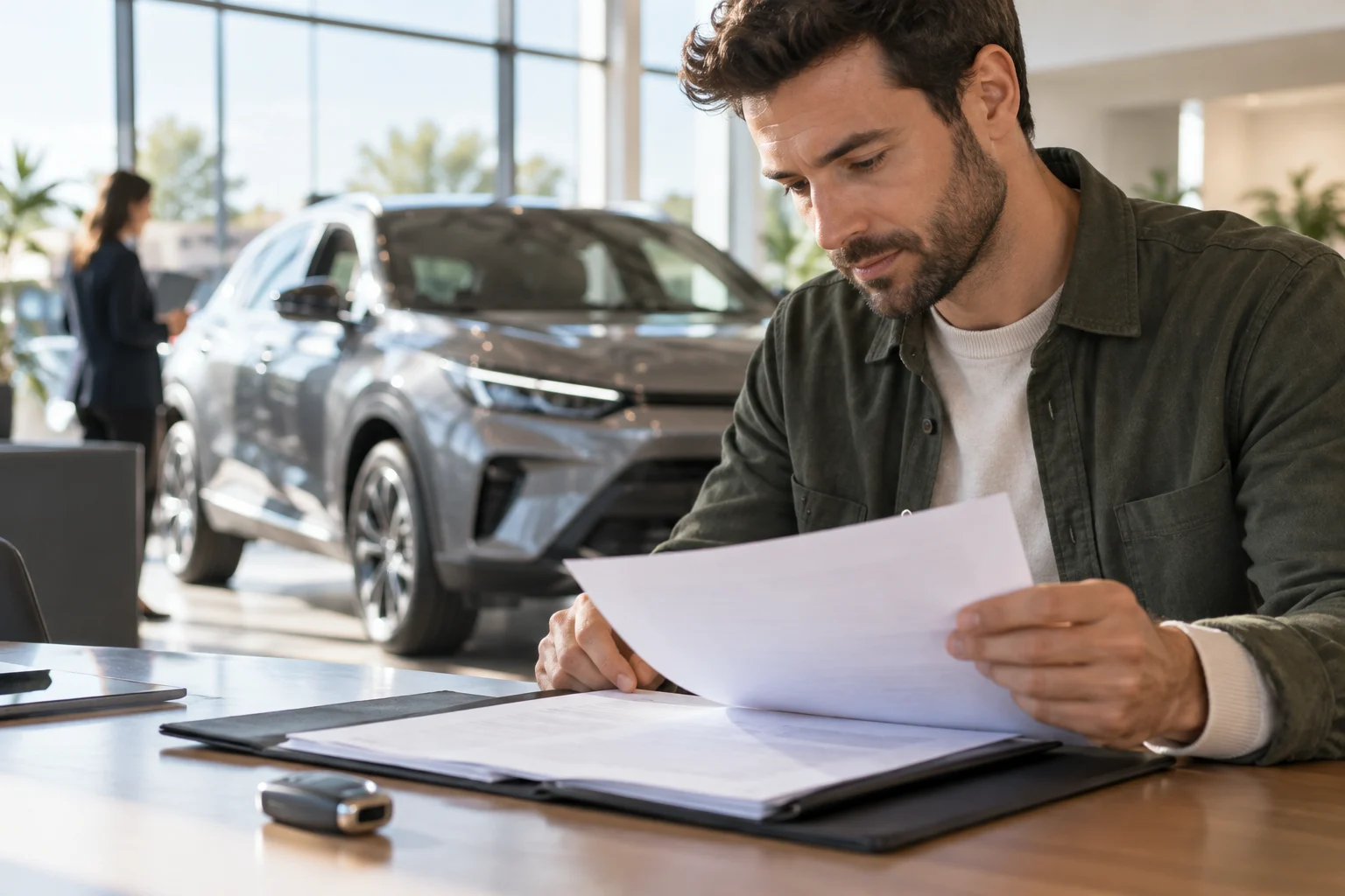 Personne examinant la documentation d'une voiture neuve à côté du véhicule