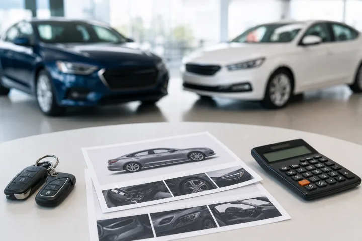 Two car specification sheets beside a calculator on a table, with a modern car blurred in the background.