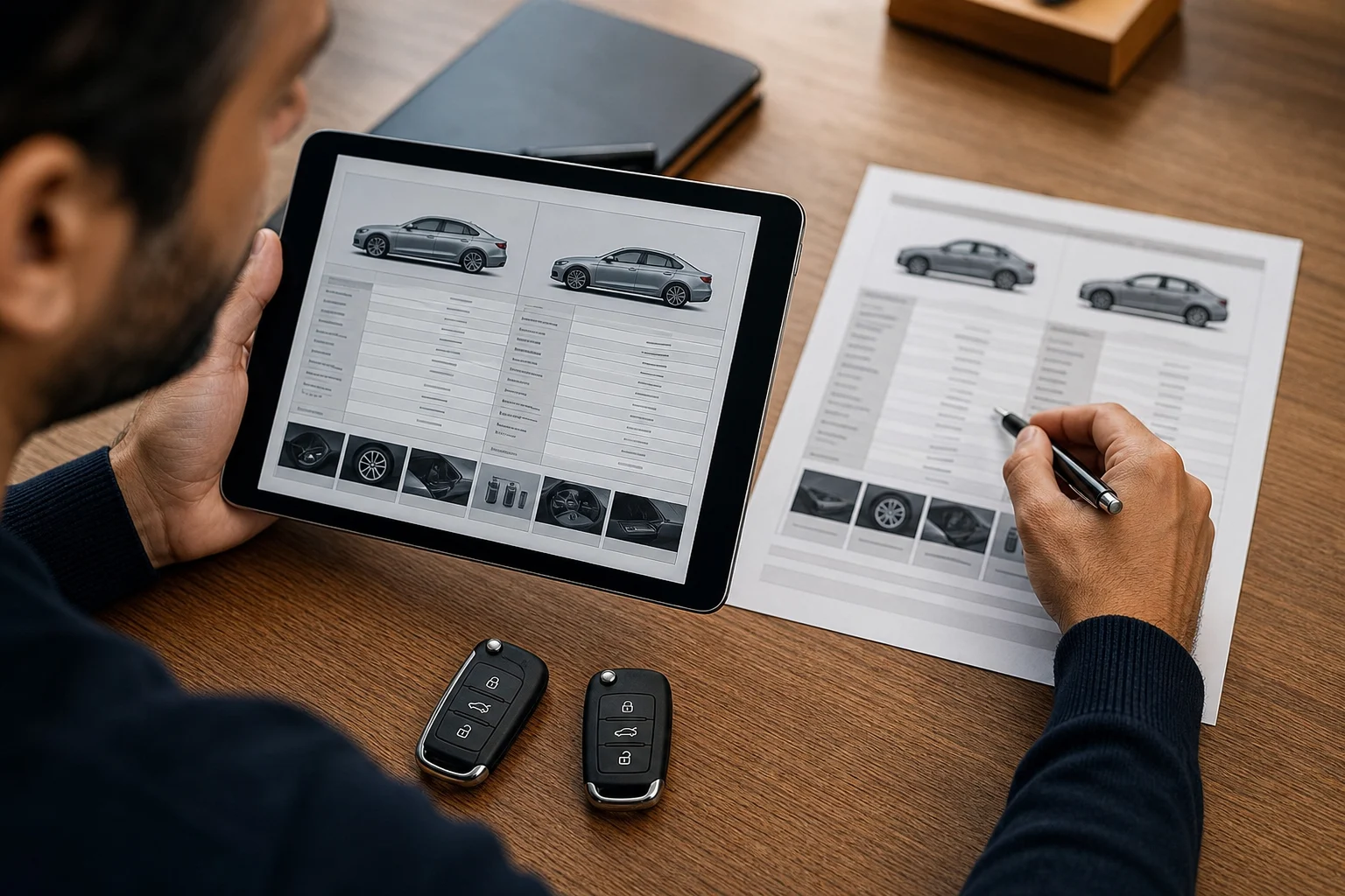 Person comparing two generic car specification sheets on a tablet and on paper.