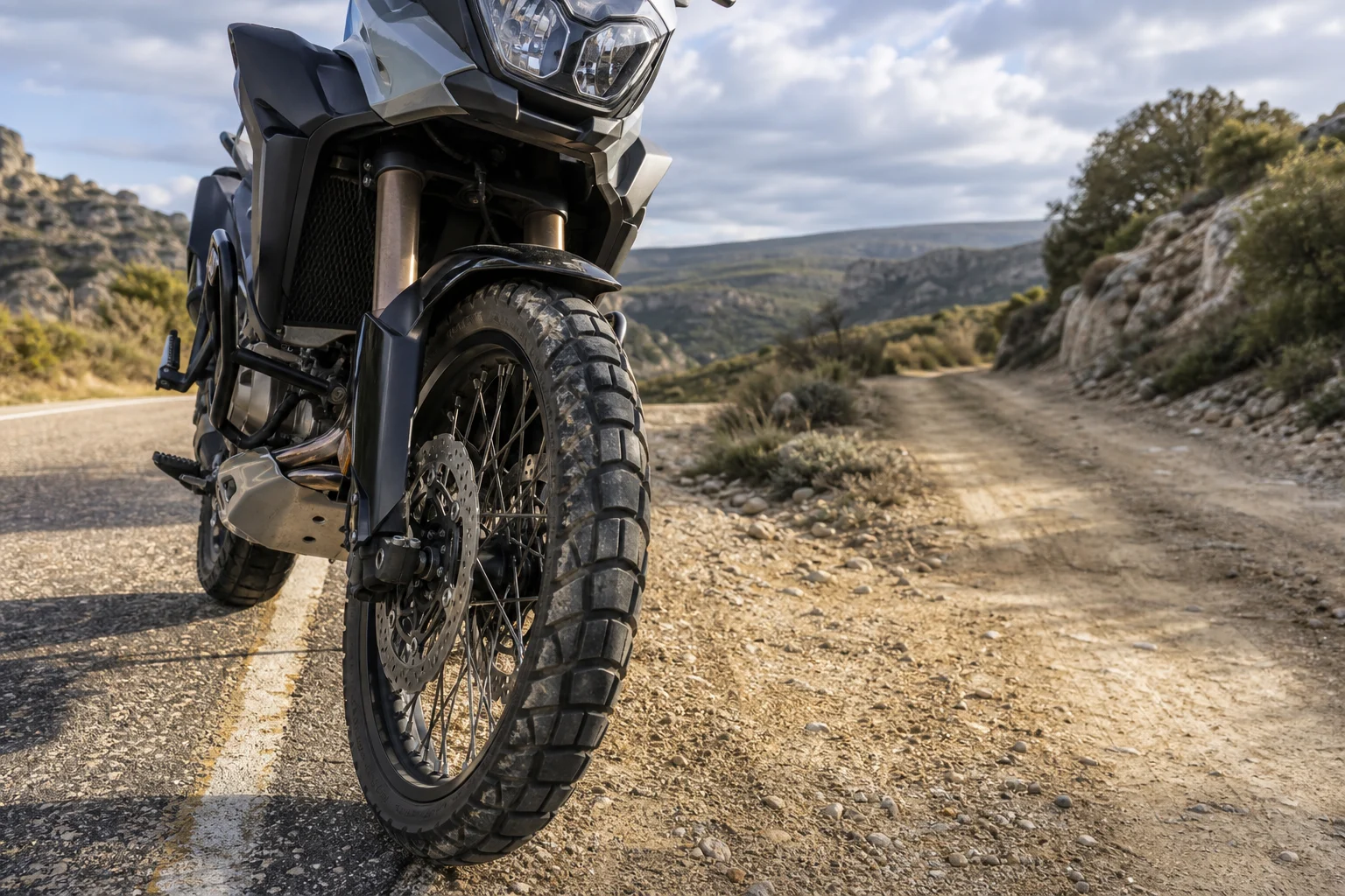 Trail motorcycle parked on tarmac beside a dirt track, with the front tyre in the foreground.
