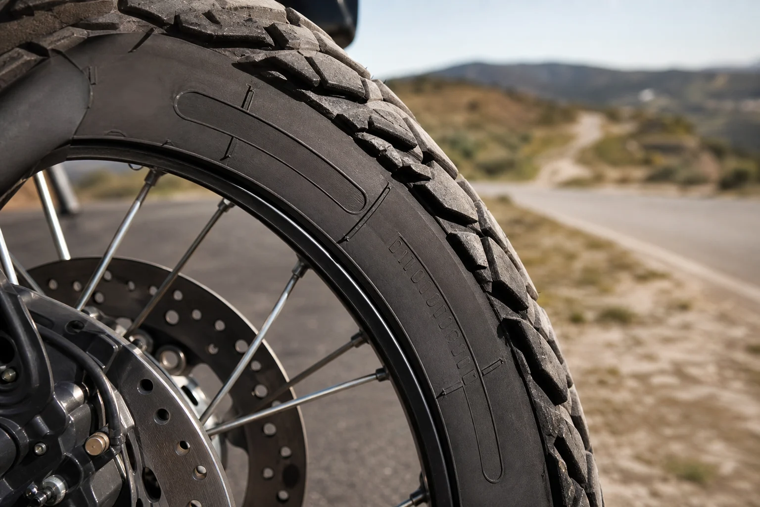 Close-up of the sidewall of a trail motorcycle tyre fitted to a rim.