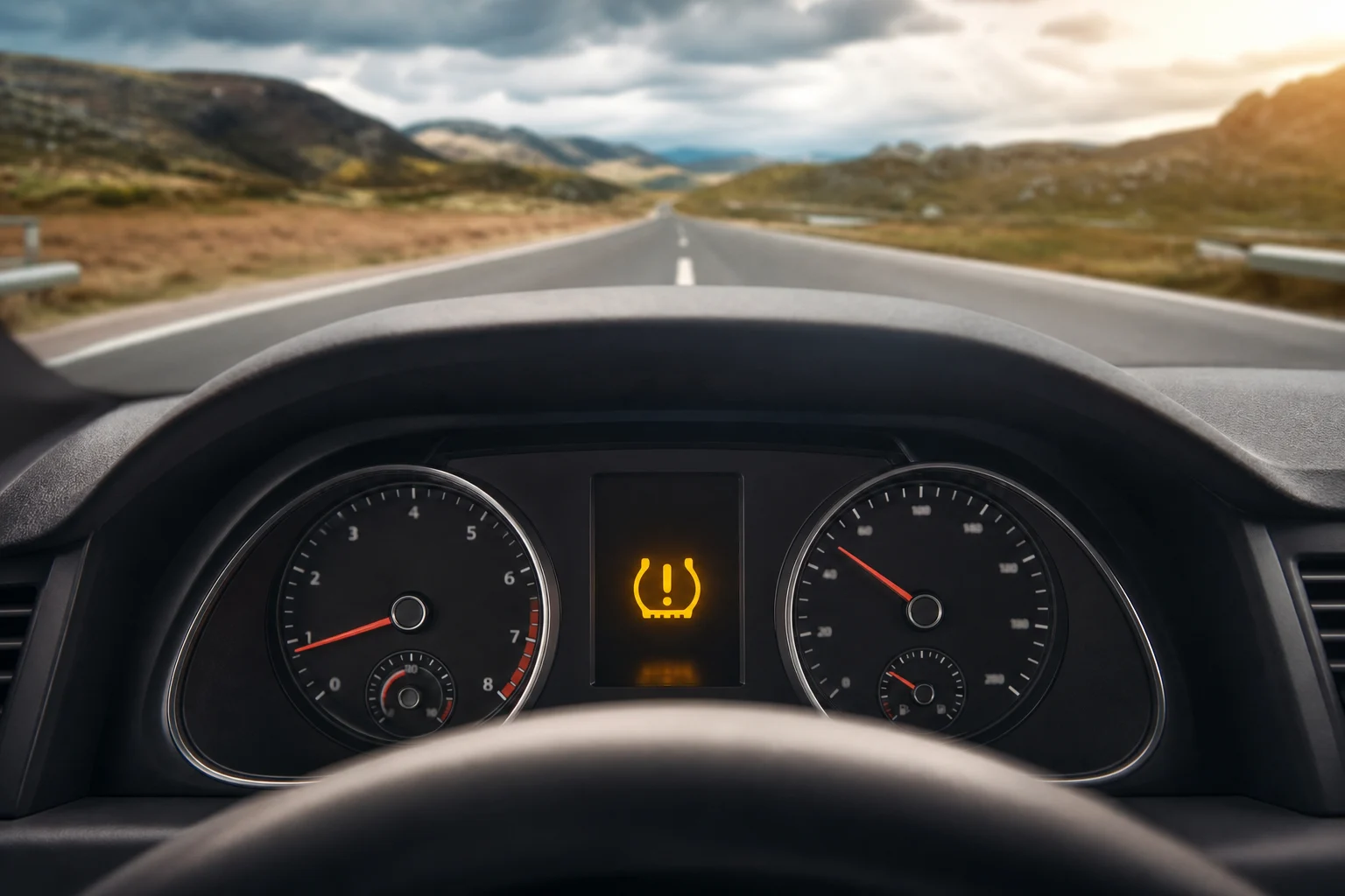 Car instrument cluster with a tyre pressure warning illuminated