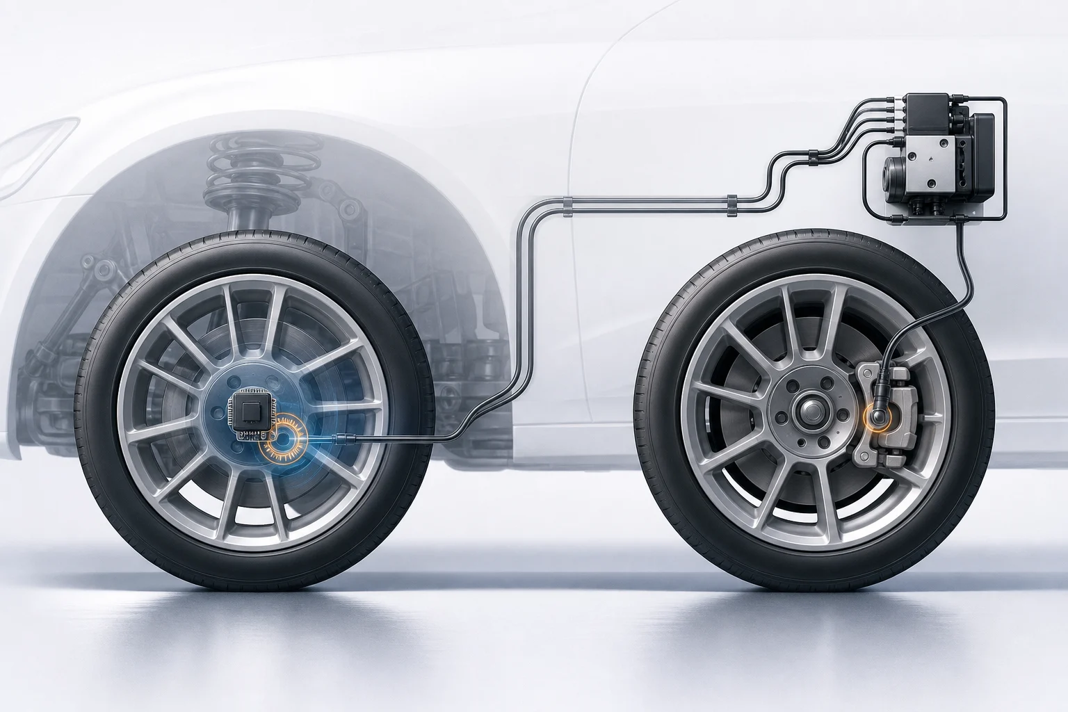 Comparison illustration of a wheel with a pressure sensor and a system based on wheel-speed sensors