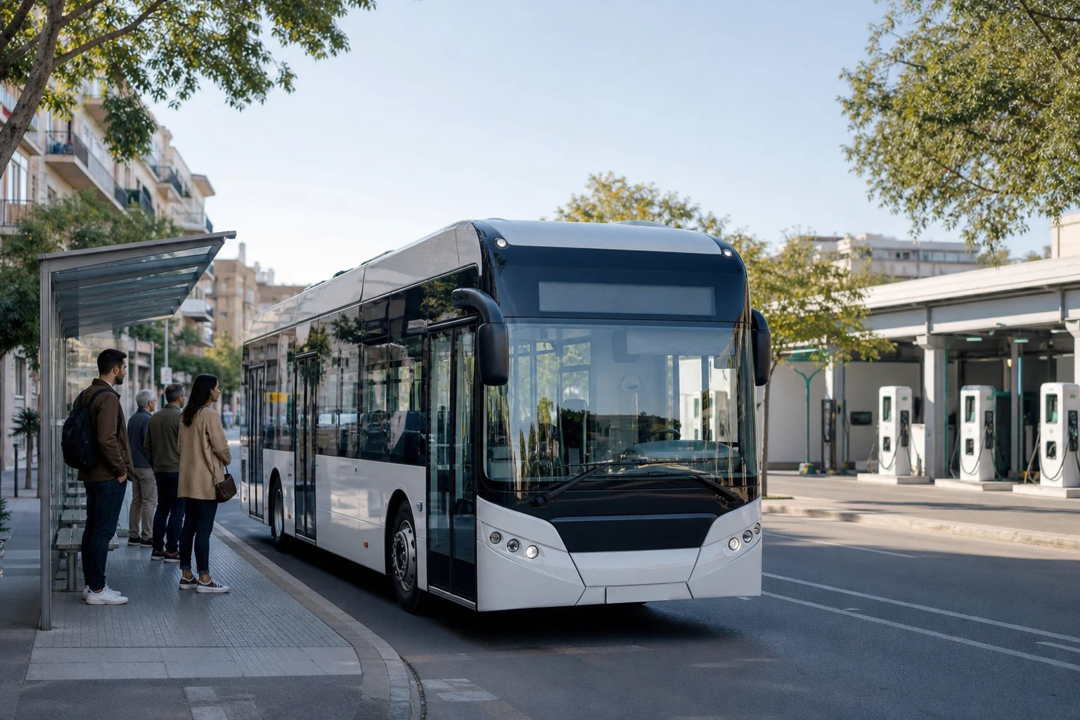 Urban electric bus travelling beside a stop while another vehicle charges at a depot in the background