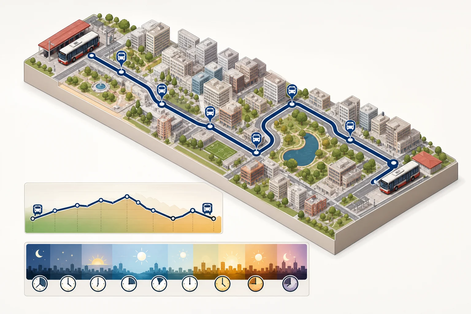 Visual diagram of an urban route with stops, termini and changes in gradient